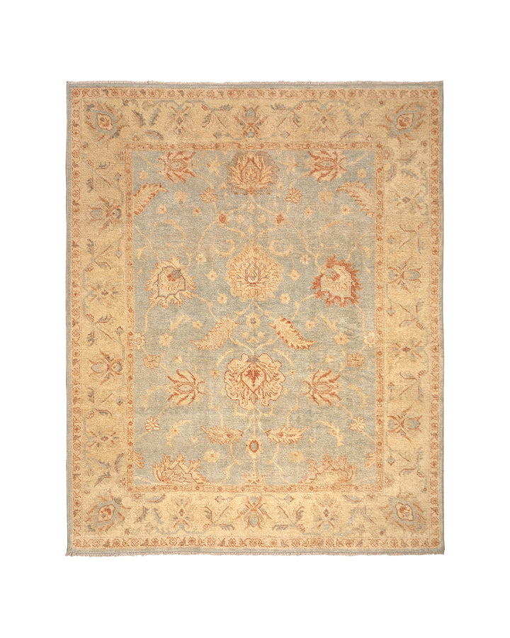 Hand-knotted 8'1" x 9'7" Afghan Oushak rug featuring a soft sky blue field with a sand goldish yellow border and terracotta and cream floral motifs.