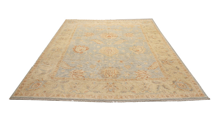 Hand-knotted 8'1" x 9'7" Afghan Oushak rug featuring a soft sky blue field with a sand goldish yellow border and terracotta and cream floral motifs.