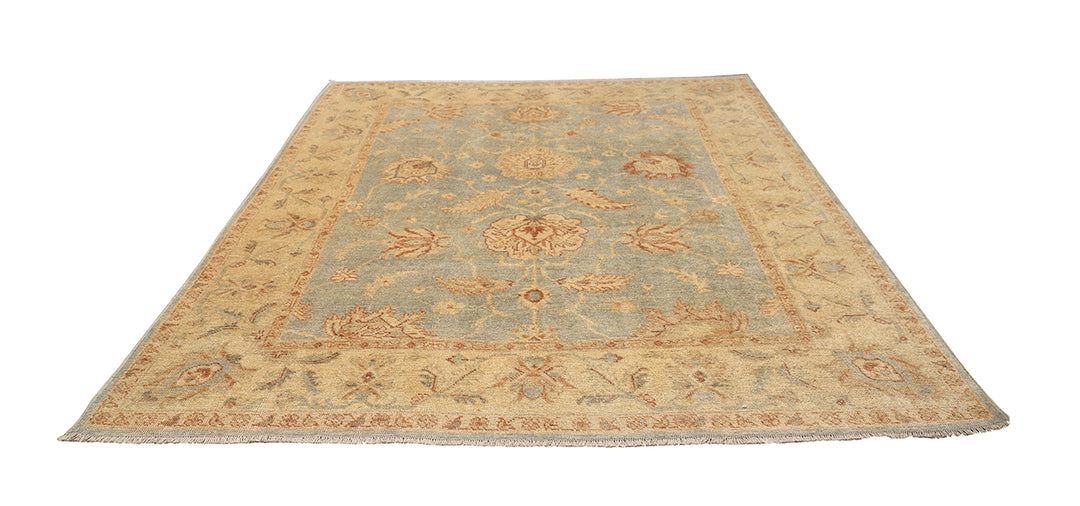 Hand-knotted 8'1" x 9'7" Afghan Oushak rug featuring a soft sky blue field with a sand goldish yellow border and terracotta and cream floral motifs.