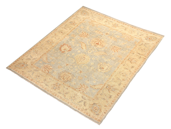 Hand-knotted 8'1" x 9'7" Afghan Oushak rug featuring a soft sky blue field with a sand goldish yellow border and terracotta and cream floral motifs.
