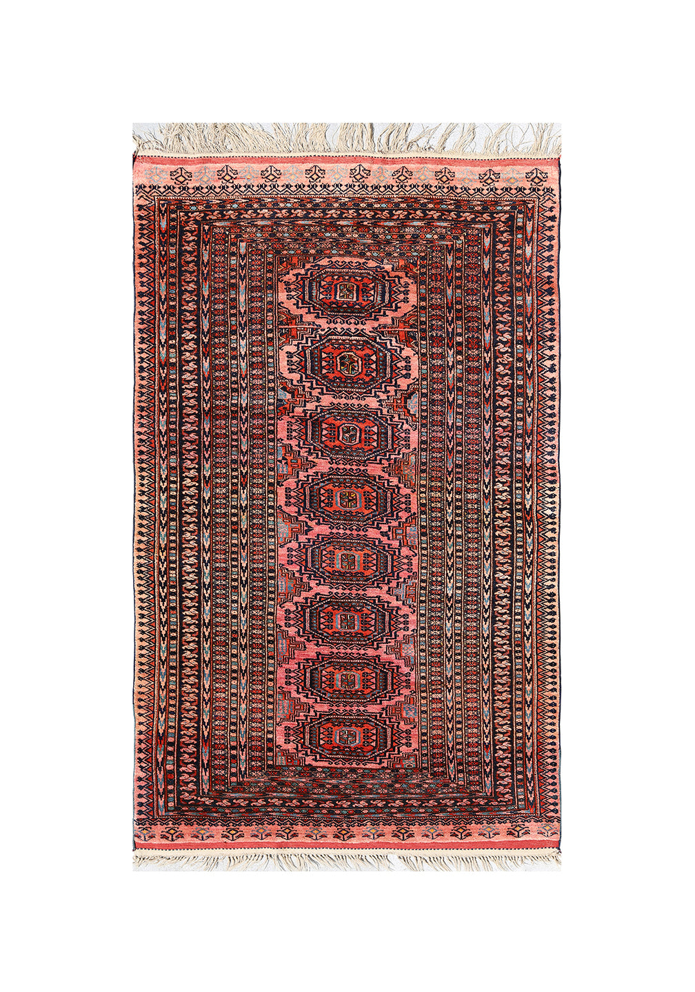 Authentic Afghan Sarik Saruk design wool rug 3x1x6x6 with unusual salmon background, red, blue, brown geometric pattern, and multiple borders