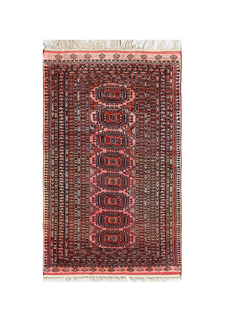 Authentic Afghan Sarik Saruk design wool rug 3x1x6x6 with unusual salmon background, red, blue, brown geometric pattern, and multiple borders