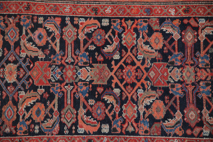 3x17 antique 1920s Persian Malayer long runner rug featuring navy blue ground and geometric Herati pattern