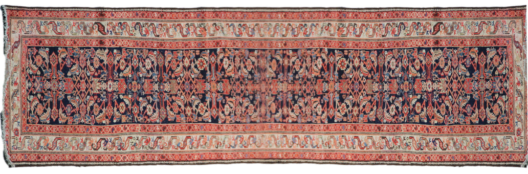 3x17 antique 1920s Persian Malayer long runner rug featuring navy blue ground and geometric Herati pattern