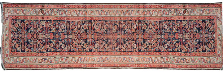 3x17 antique 1920s Persian Malayer long runner rug featuring navy blue ground and geometric Herati pattern