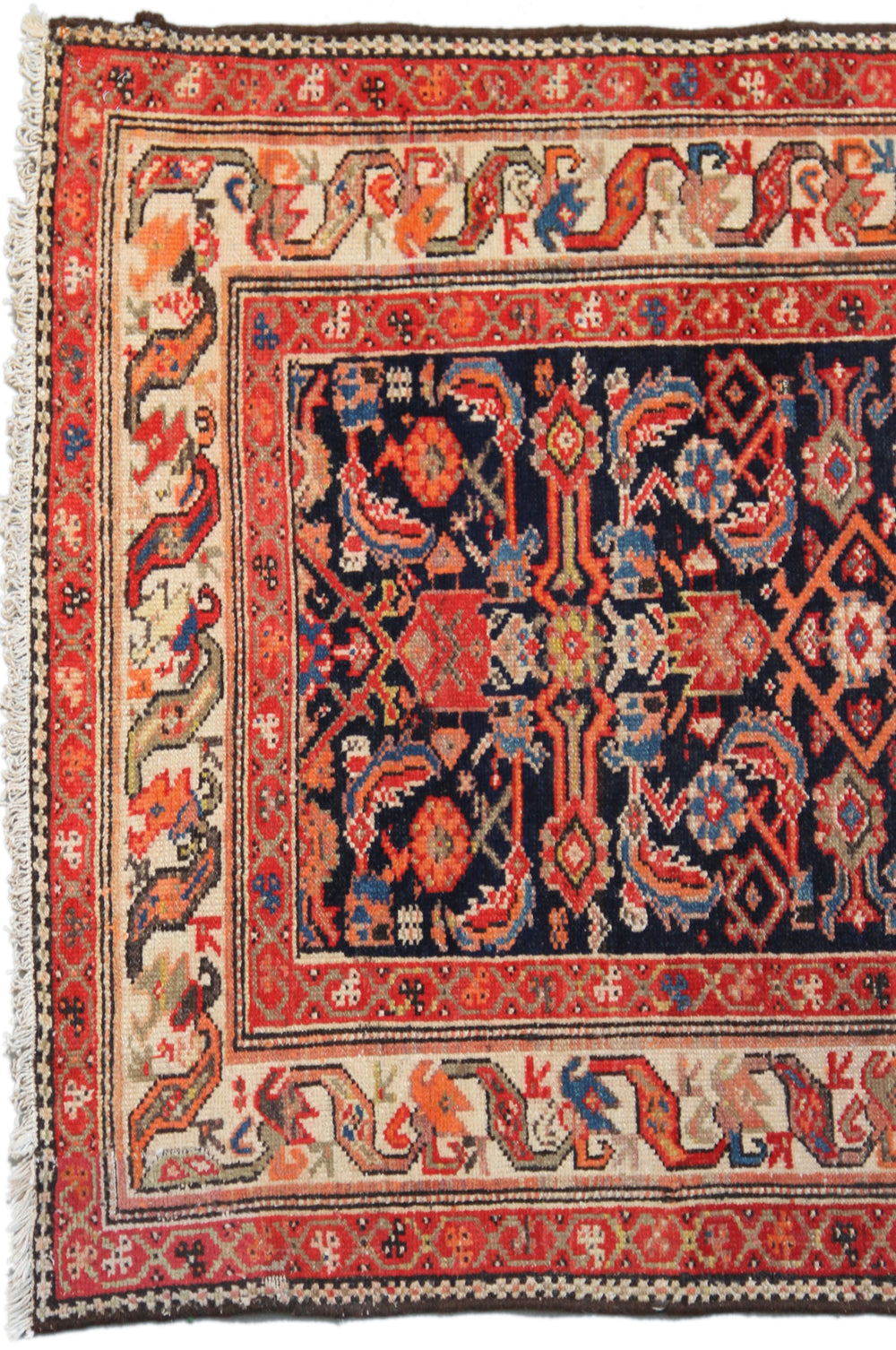 3x17 antique 1920s Persian Malayer long runner rug featuring navy blue ground and geometric Herati pattern