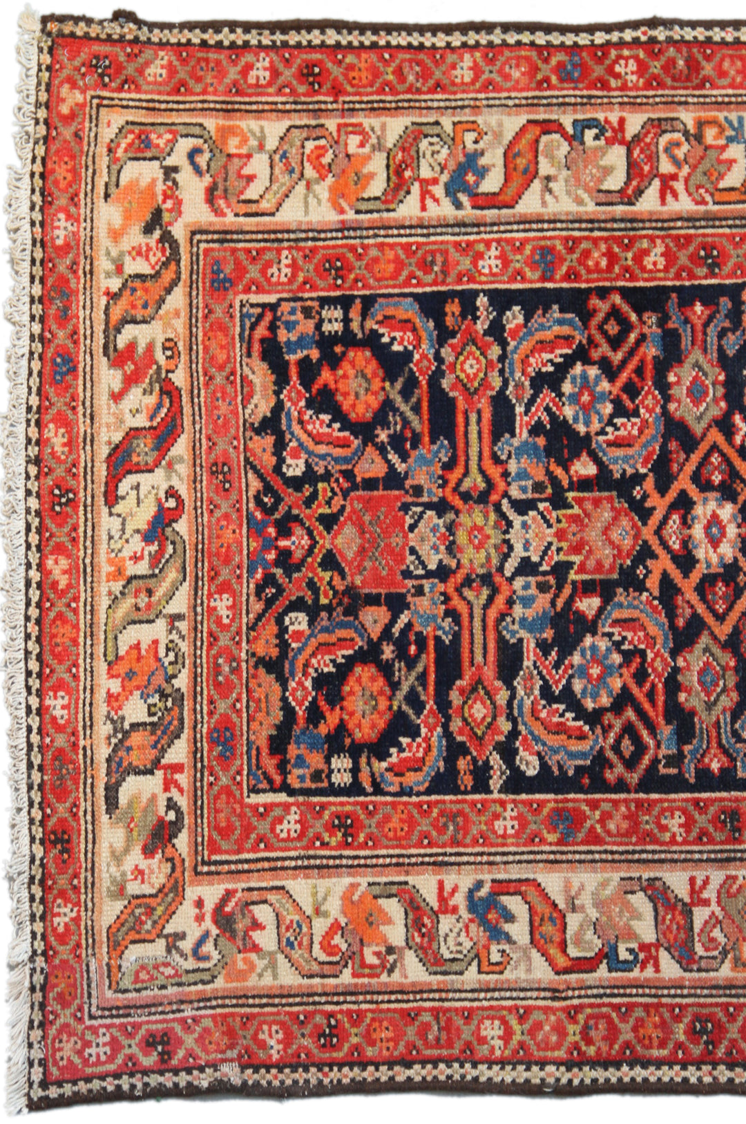 3x17 antique 1920s Persian Malayer long runner rug featuring navy blue ground and geometric Herati pattern