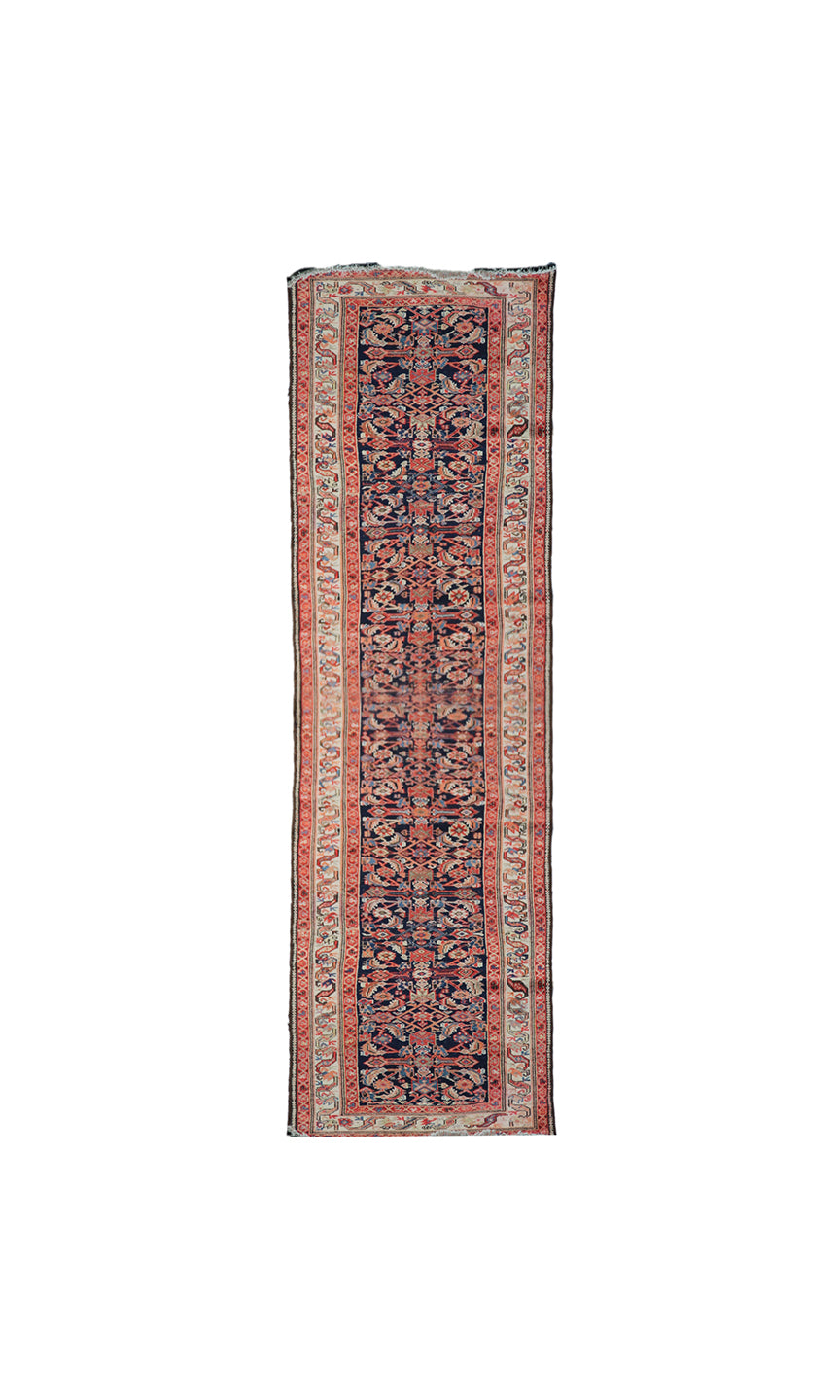 3x17 antique 1920s Persian Malayer long runner rug featuring navy blue ground and geometric Herati pattern