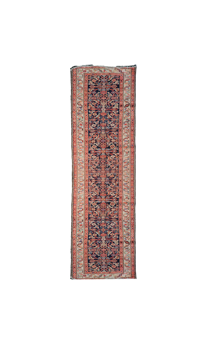 3x17 antique 1920s Persian Malayer long runner rug featuring navy blue ground and geometric Herati pattern