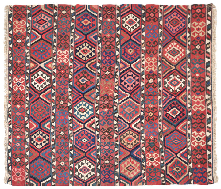 Authentic 8'2" x 9'2" antique Caucasian Shirvan kilim with colorful vegetable dyes, curated by Ariana Rugs in West Hollywood.