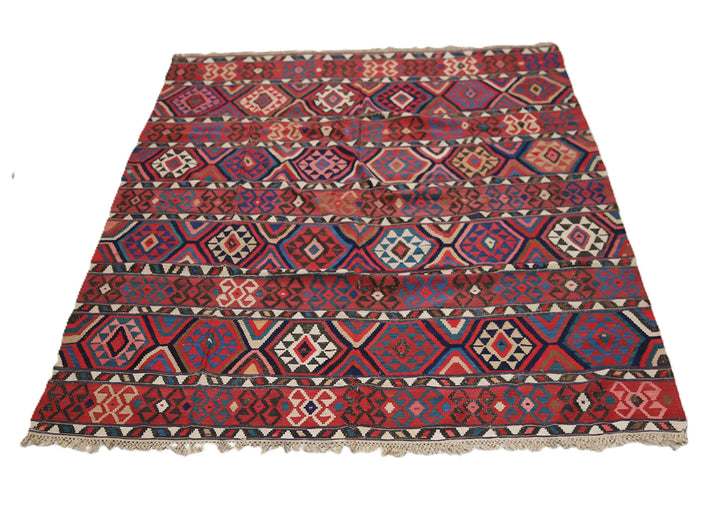 Authentic 8'2" x 9'2" antique Caucasian Shirvan kilim with colorful vegetable dyes, curated by Ariana Rugs in West Hollywood.
