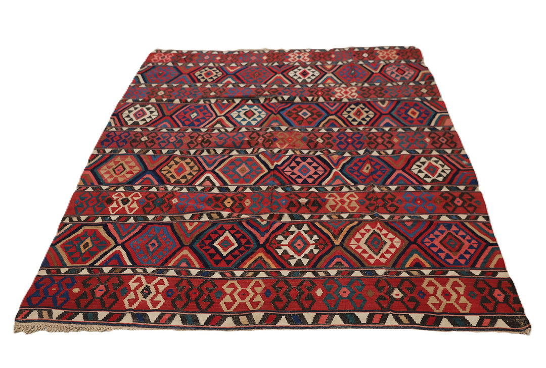 Authentic 8'2" x 9'2" antique Caucasian Shirvan kilim with colorful vegetable dyes, curated by Ariana Rugs in West Hollywood.