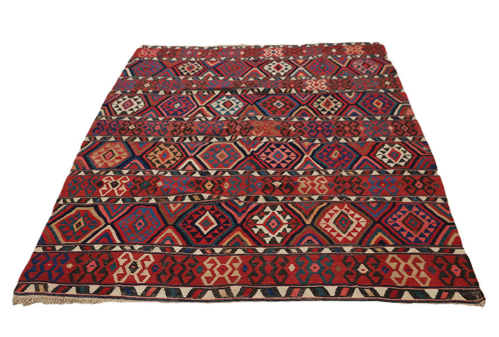 Authentic 8'2" x 9'2" antique Caucasian Shirvan kilim with colorful vegetable dyes, curated by Ariana Rugs in West Hollywood.