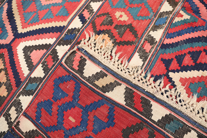 Authentic 8'2" x 9'2" antique Caucasian Shirvan kilim with colorful vegetable dyes, curated by Ariana Rugs in West Hollywood.