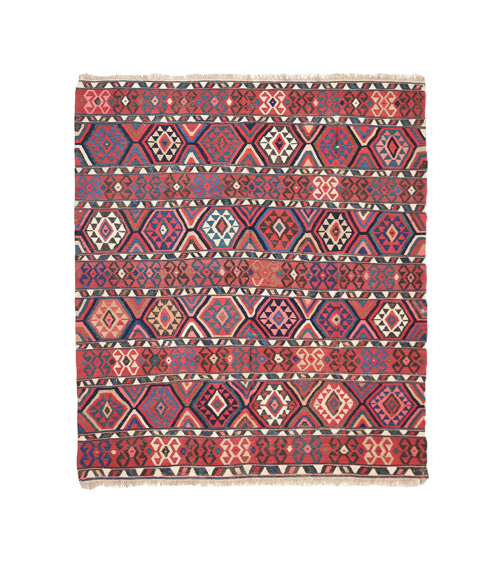 Authentic 8'2" x 9'2" antique Caucasian Shirvan kilim with colorful vegetable dyes, curated by Ariana Rugs in West Hollywood.