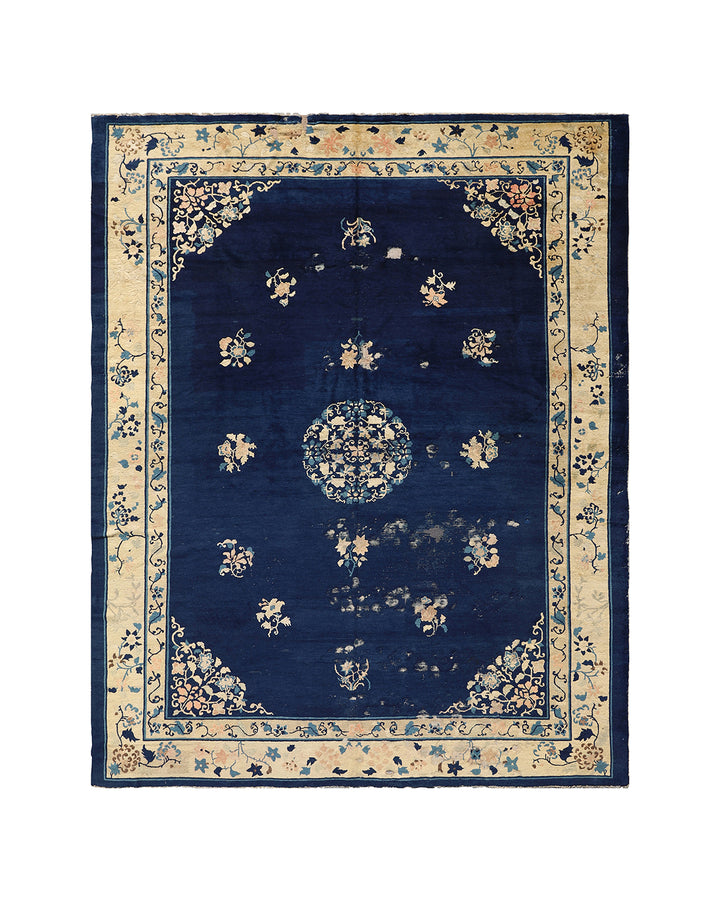 Antique Chinese Peking Rug | 9x12 Navy Blue Distressed Medallion
