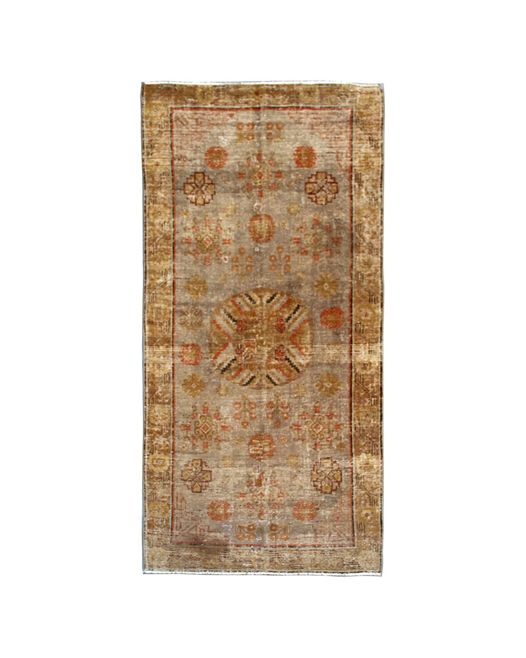 Antique Samarkand hand-knotted wool runner measuring 8'5" x 4'6" featuring an antique red medallion design on a grey, orange, and gold color palette.