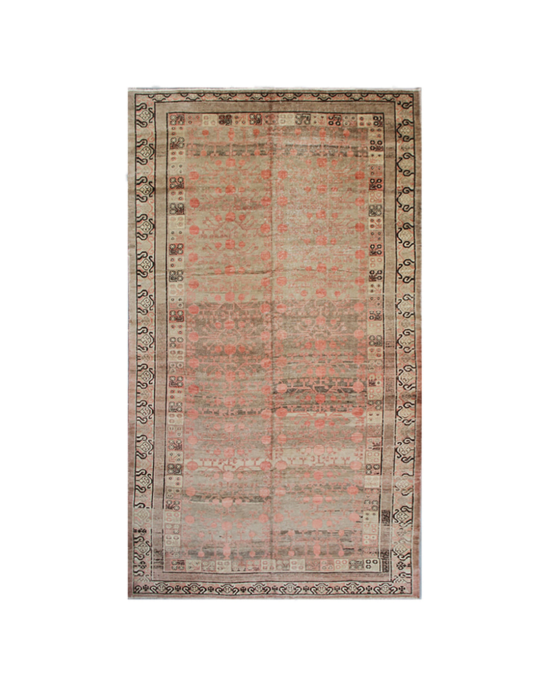 Extra-large antique East Turkistan Samarkand wool rug measuring 7'11" x 16'1" featuring a pomegranate botanical design in grey, pink, brown, beige, and black.