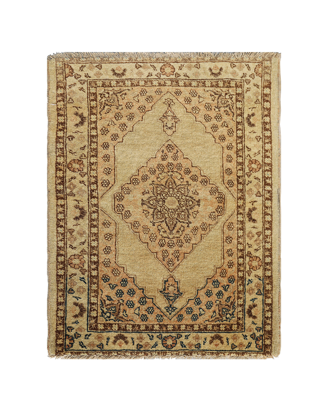 Small antique Haji Jalili design Persian rug featuring tan and gold medallion open field with intricate spandrels and border