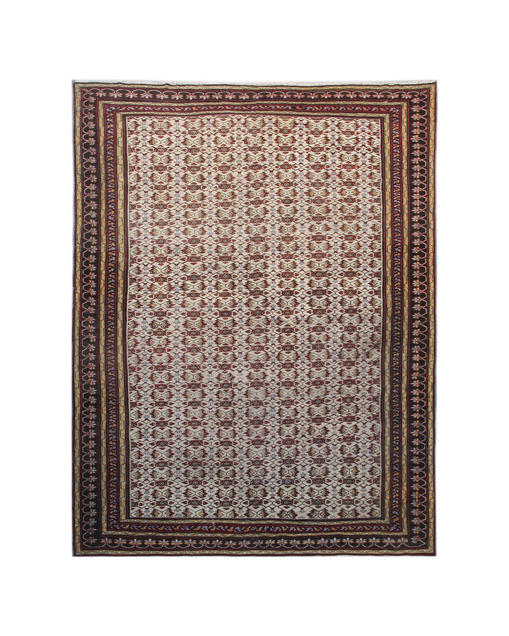 10'x18' antique ivory Indian Agra-style rug in burgundy and ivory hand-knotted wool from Ariana Rugs