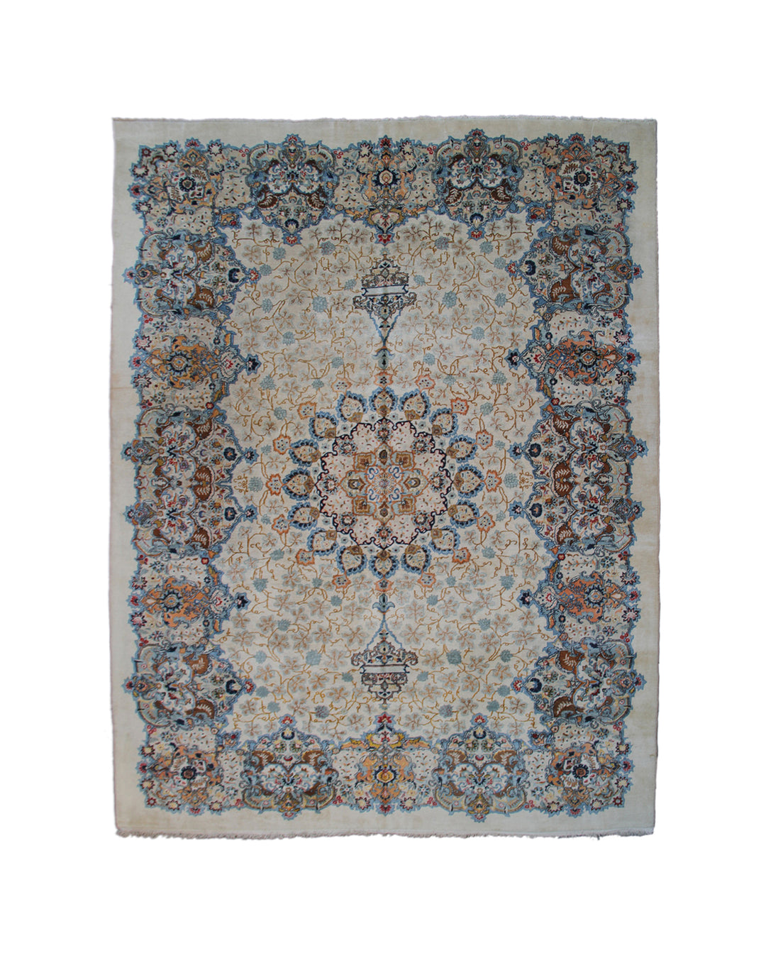 Image Alt Text: Antique semi-antique Kerman wool rug in blue and ivory with European floral design