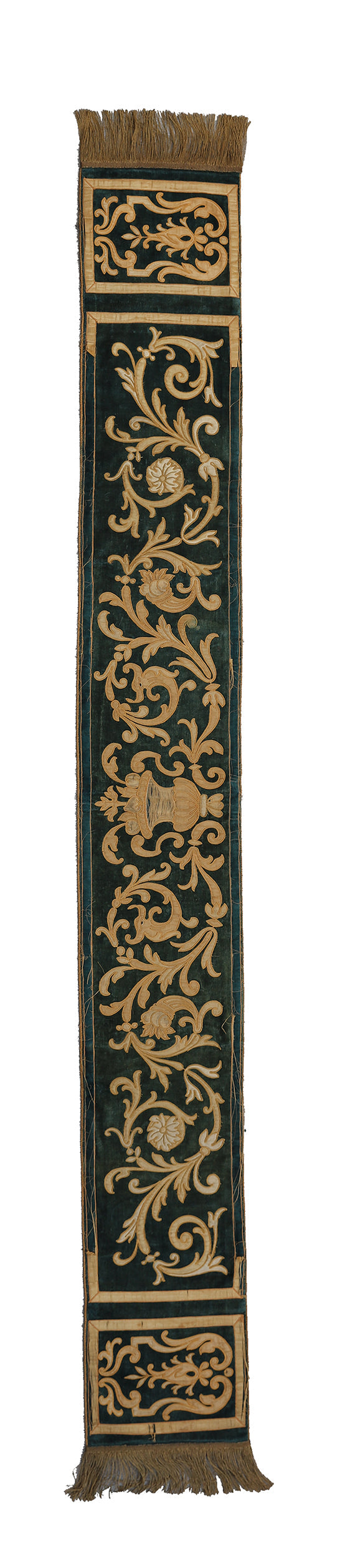 Antique Lambrekine or Strip Of Appliéqué Embroidery, primarily in green color with metallic accents.