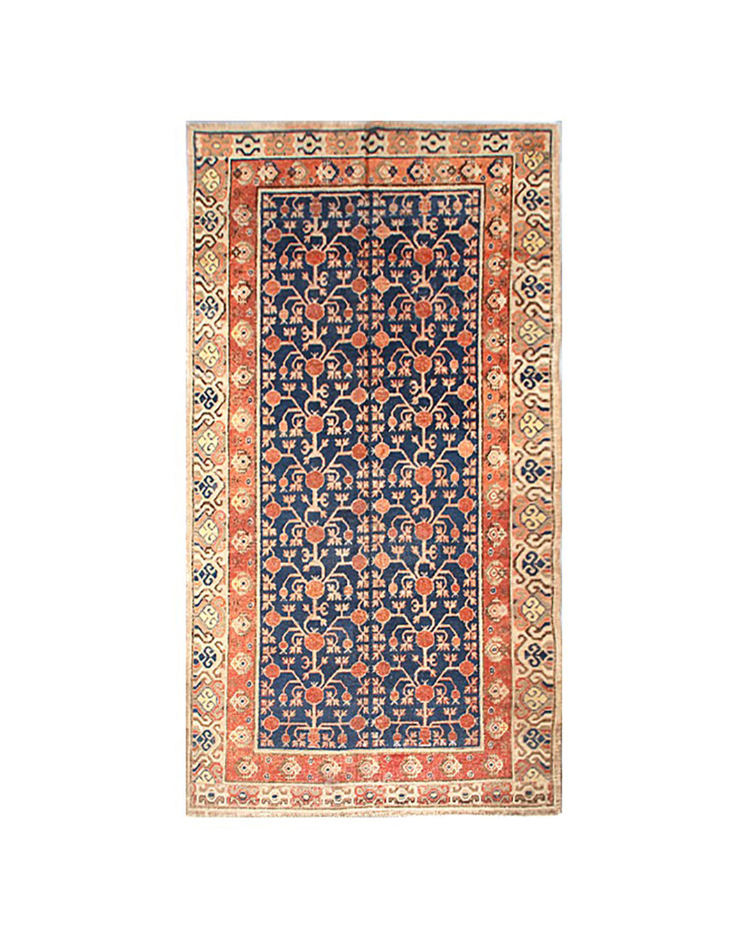Rare 6x11 antique Samarkand hand-knotted wool area rug featuring red pomegranate motifs on a deep navy blue background by Ariana Rugs.