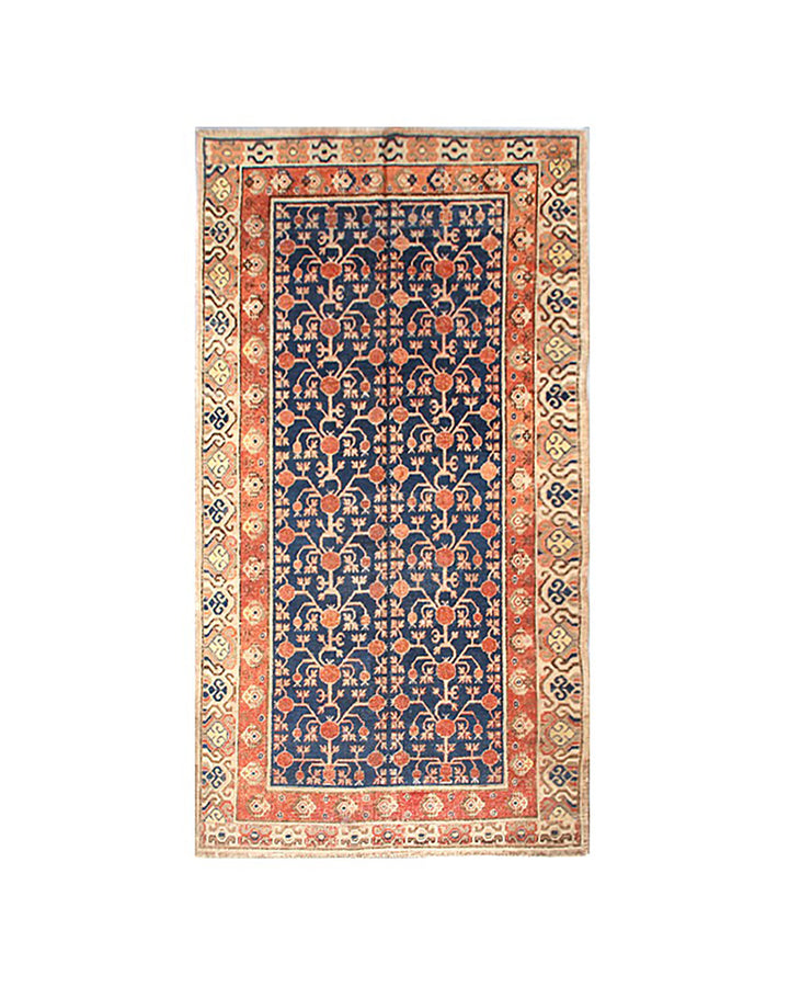 Rare 6x11 antique Samarkand hand-knotted wool area rug featuring red pomegranate motifs on a deep navy blue background by Ariana Rugs.