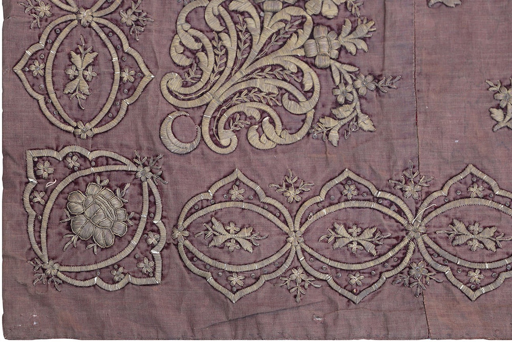 Antique 19th century Ottoman Turkish metallic thread embroidery with imperial central Tughra emblem on silk ground 4x4