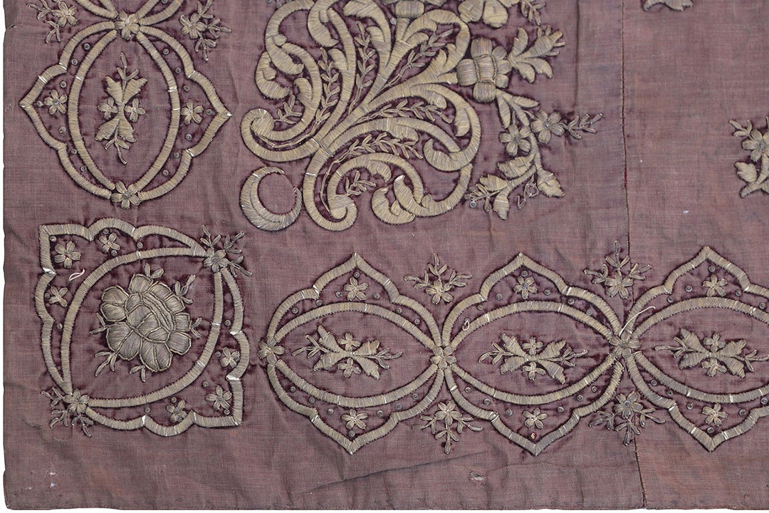 Antique 19th century Ottoman Turkish metallic thread embroidery with imperial central Tughra emblem on silk ground 4x4