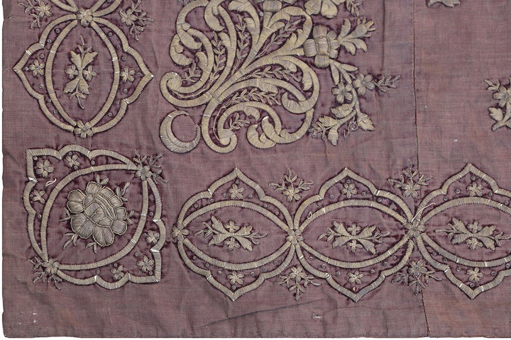 Antique 19th century Ottoman Turkish metallic thread embroidery with imperial central Tughra emblem on silk ground 4x4