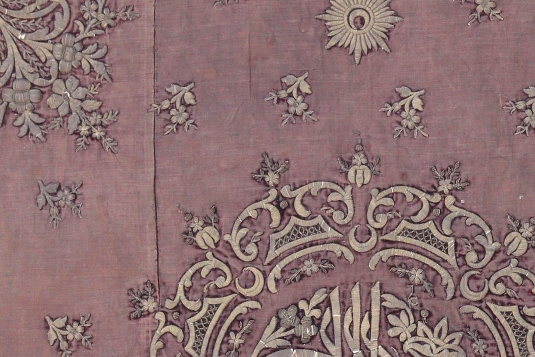 Antique 19th century Ottoman Turkish metallic thread embroidery with imperial central Tughra emblem on silk ground 4x4