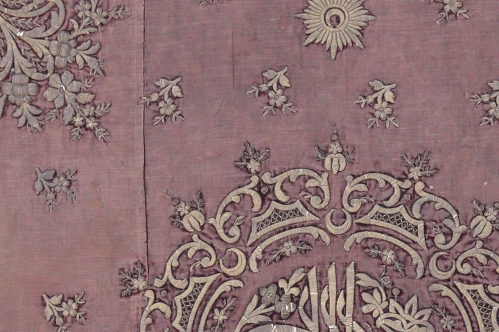 Antique 19th century Ottoman Turkish metallic thread embroidery with imperial central Tughra emblem on silk ground 4x4