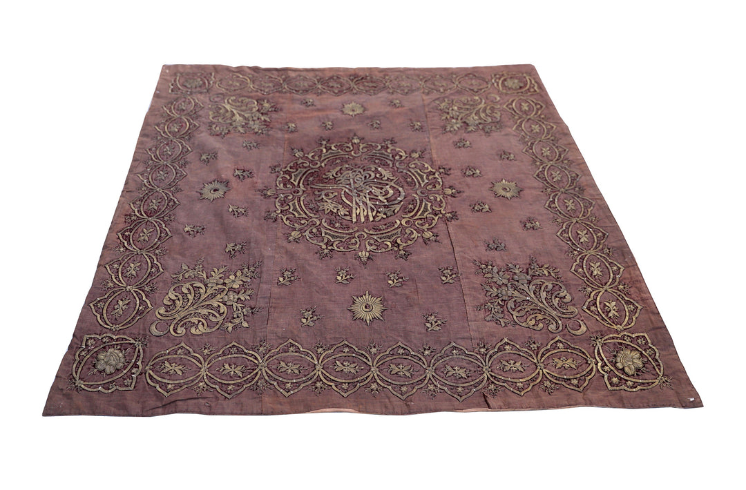 Antique 19th century Ottoman Turkish metallic thread embroidery with imperial central Tughra emblem on silk ground 4x4