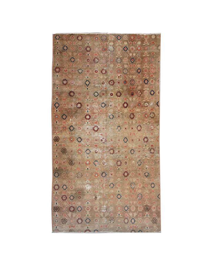 Distressed 4x7 antique Samarkand hand-knotted wool area rug featuring a peach terracotta background with visible historic wear by Ariana Rugs.