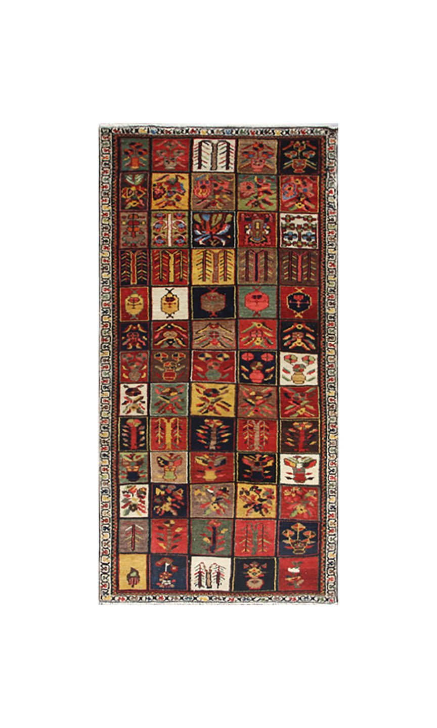 Antique semi-antique Persian Bakhtiari rug 3x6 with geometric Four Seasons garden design in colorful red, blue, green, and gold jewel tones