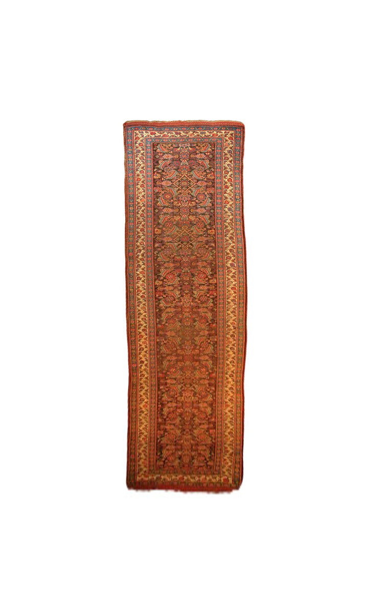 Antique Persian Bidjar hallway runner rug featuring an all-over Herati fish design in deep red and earth-tone brown colors.
