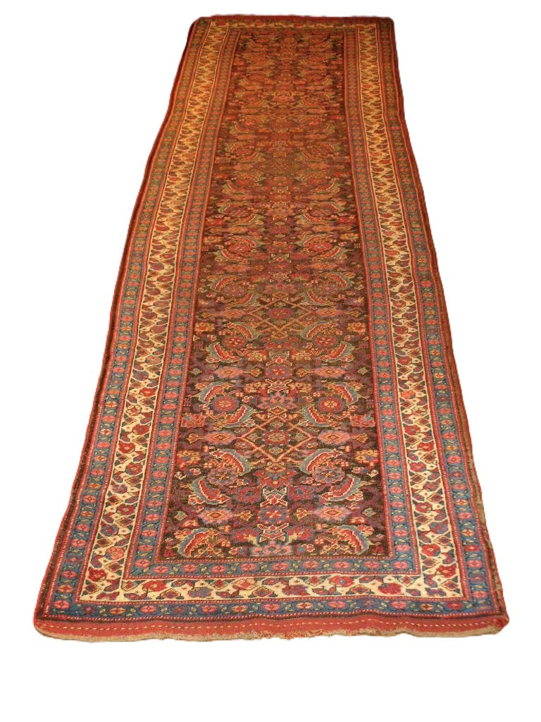 Antique Persian Bidjar hallway runner rug featuring an all-over Herati fish design in deep red and earth-tone brown colors.