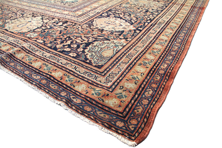 16'4" x 12'2" Antique Persian Farahan hand-knotted wool area rug in rust, navy, and white colors featuring fine antique weaving details.