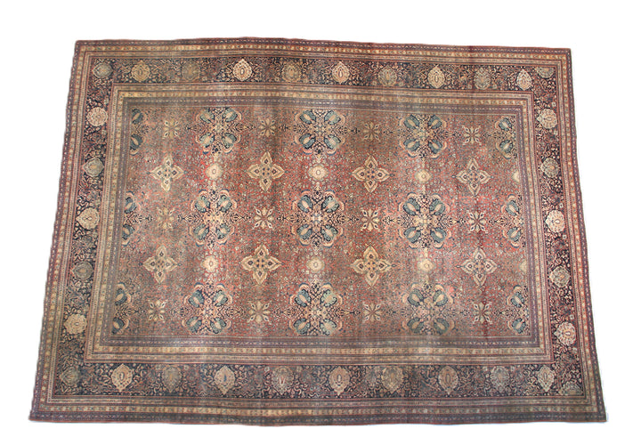 16'4" x 12'2" Antique Persian Farahan hand-knotted wool area rug in rust, navy, and white colors featuring fine antique weaving details.