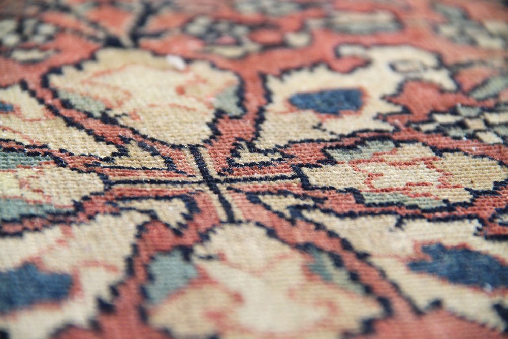16'4" x 12'2" Antique Persian Farahan hand-knotted wool area rug in rust, navy, and white colors featuring fine antique weaving details.