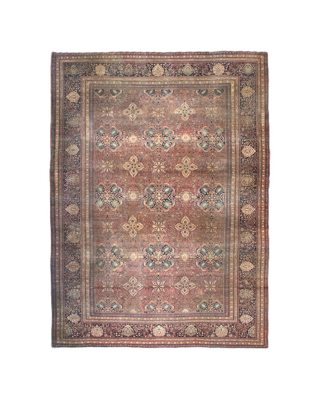 16'4" x 12'2" Antique Persian Farahan hand-knotted wool area rug in rust, navy, and white colors featuring fine antique weaving details.