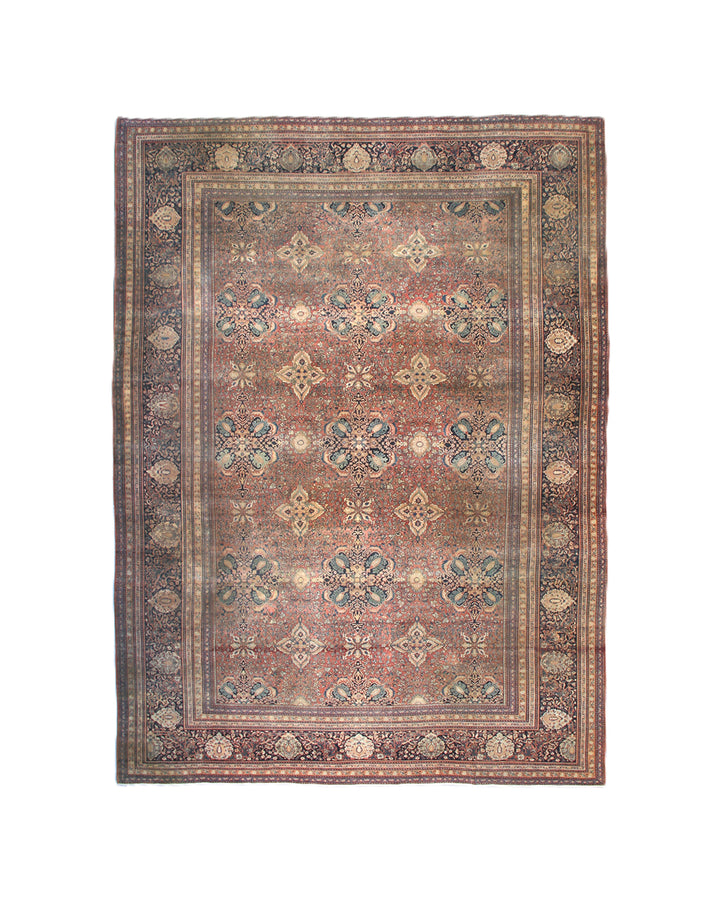 16'4" x 12'2" Antique Persian Farahan hand-knotted wool area rug in rust, navy, and white colors featuring fine antique weaving details.