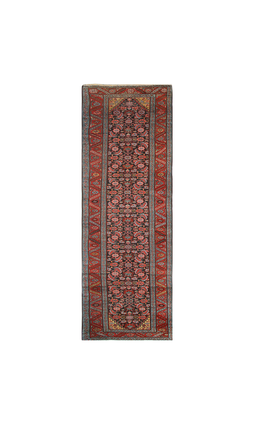 14ft antique early 1900s Persian Heriz runner rug with geometric Herati pattern in warm earth tones