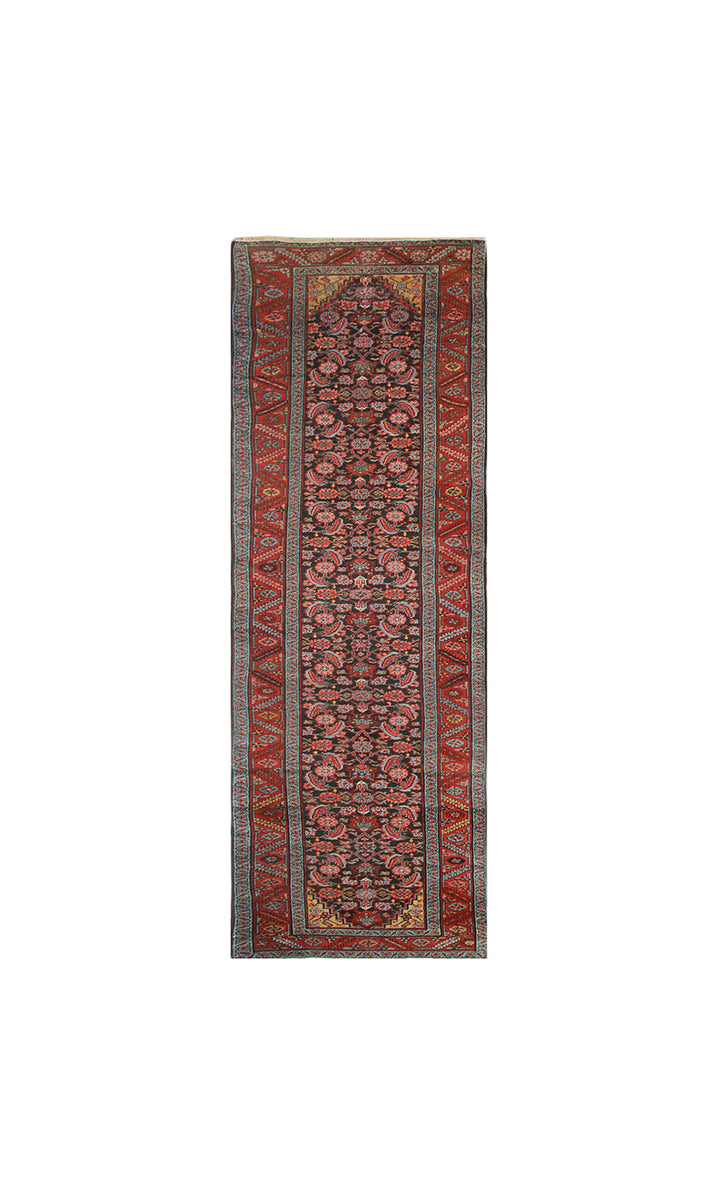 14ft antique early 1900s Persian Heriz runner rug with geometric Herati pattern in warm earth tones