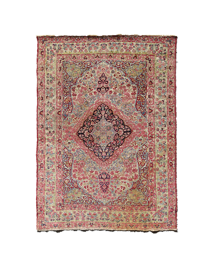 Late 19th-century antique Persian Kermanshah rug featuring a dark navy center medallion on an ivory floral field with pink, red, and blue botanical details