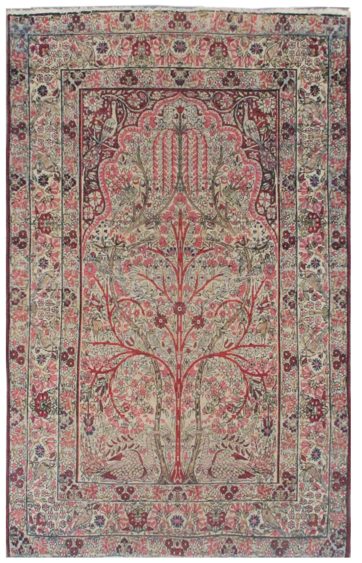 A 4'x6' Persian rug with a Tree of Life design and a floral motif in a red, green, and multicolor pattern on a beige background.