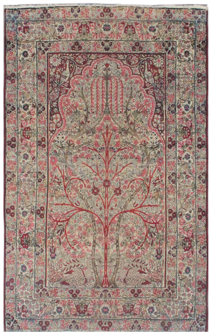 A 4'x6' Persian rug with a Tree of Life design and a floral motif in a red, green, and multicolor pattern on a beige background.