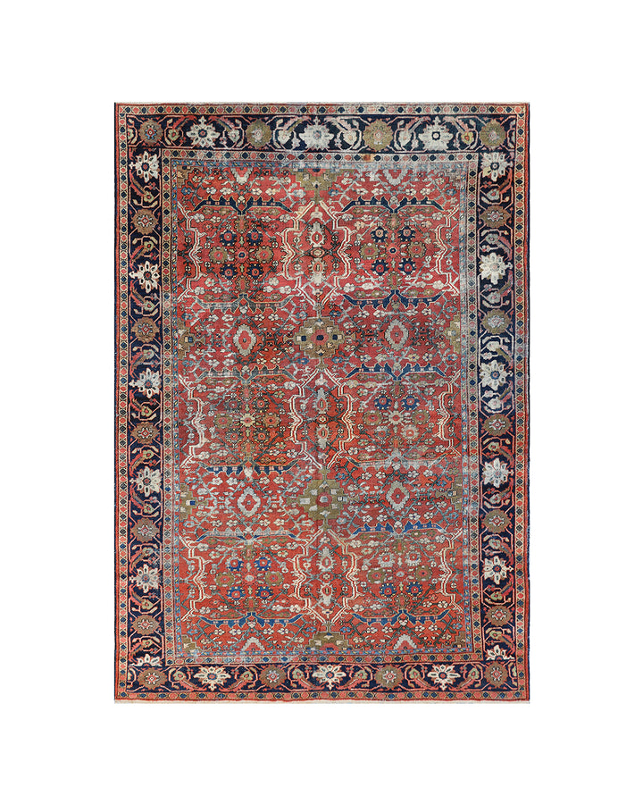 9x12 antique Persian Mahal rug with terracotta rust ground, navy blue geometric border, and ivory details