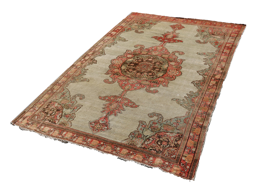 Antique Persian Malayer rug 4x6 featuring a central medallion on an open beige field with brown geometric floral pattern